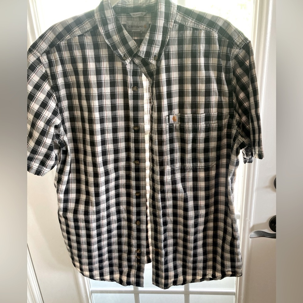 Carhartt Button Down Shirt Mens Large Relaxed Black Plaid Short Sleeve Cotton